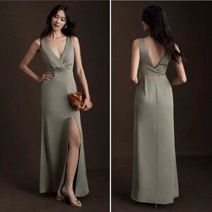BHLDN Piper V-Neck Side-Slit Moss Satin Size 8